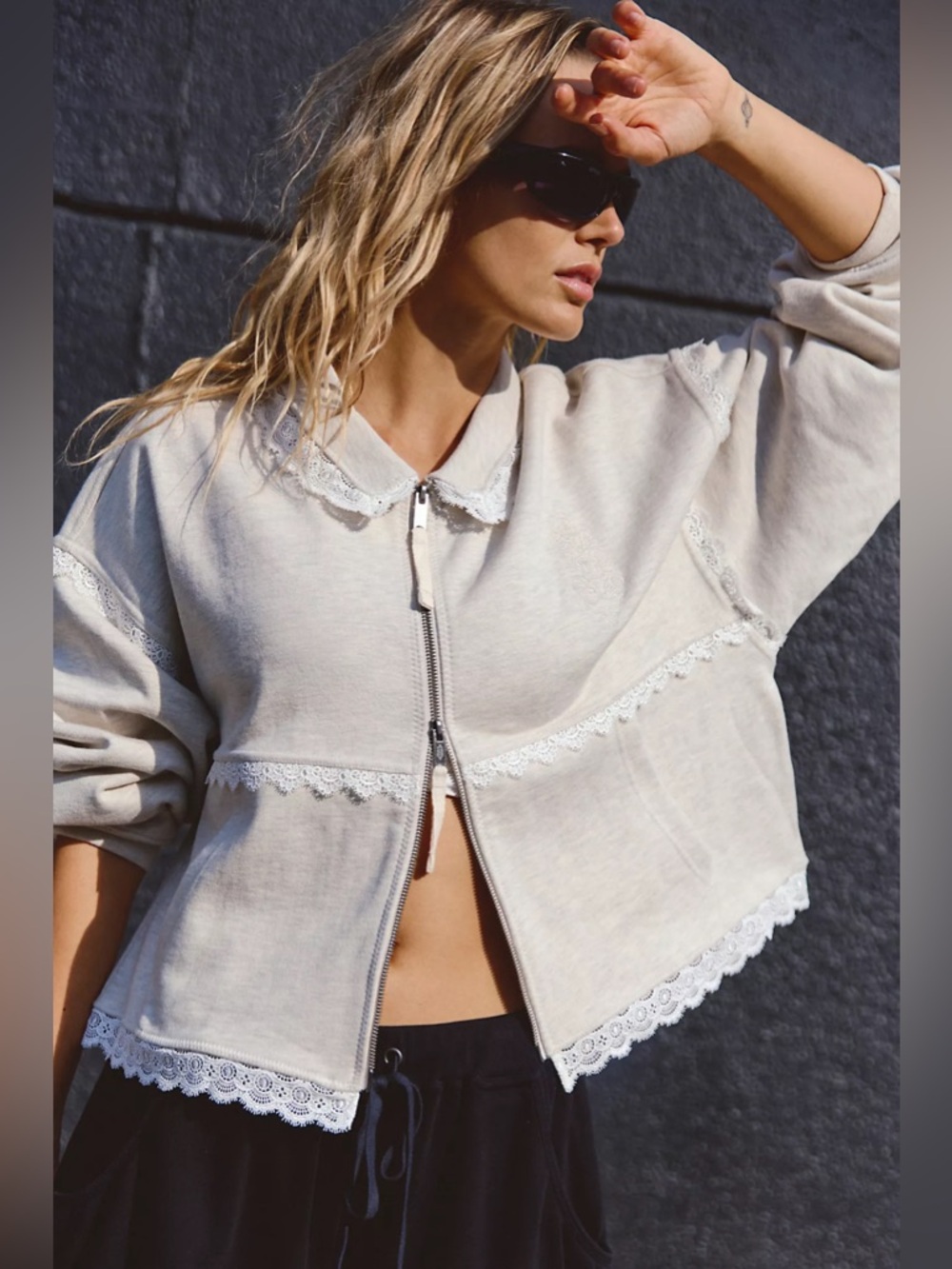 NWT Free People Love All Zip Up Collared Lace Sweatshirt